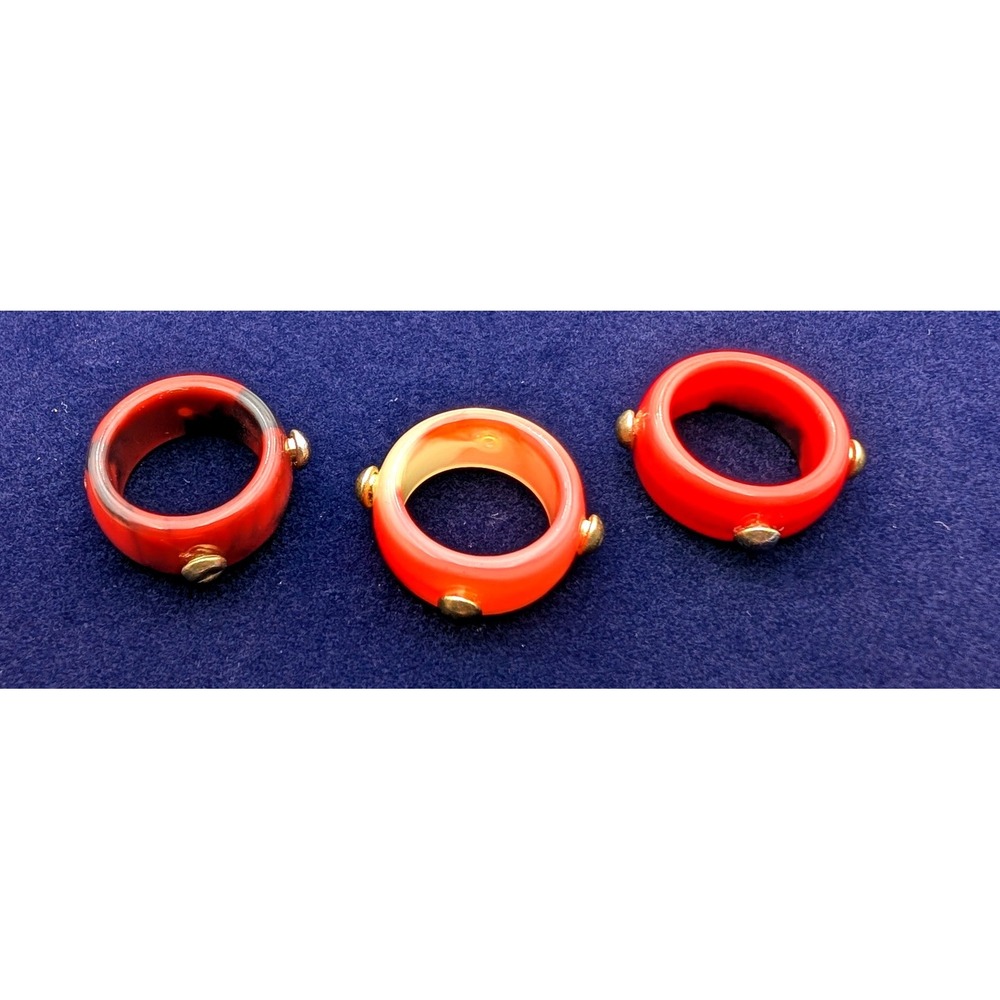 Vintage Chunky Resin Band Ring Set 3pc Red Orange Marbled Gold Stud Detail